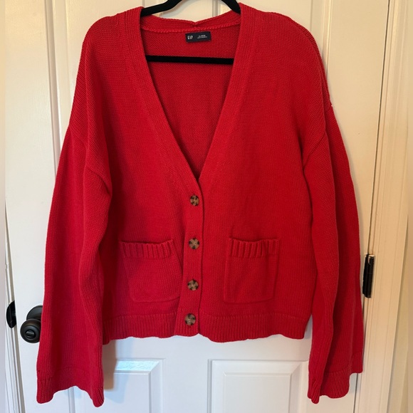 GAP Red V-Neck Pocket Cardigan Sweater XL - Picture 2 of 6